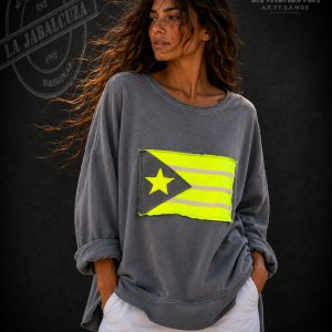 sudadera flúor artesanal gris con amarillo