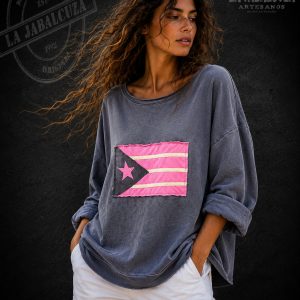 sudadera flúor artesanal gris con rosa