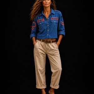 camisa militar corta mujer azul con naranja