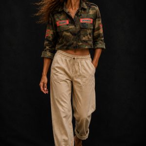 camisa militar corta mujer camuflaje con naranja