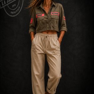 camisa militar corta mujer verde khaki con naranja