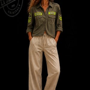 camisa militar corta mujer verde khaki con verde