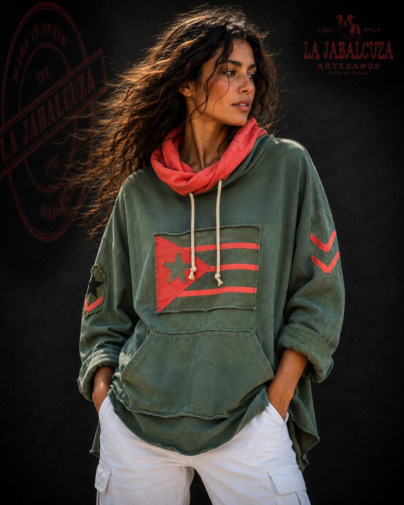sudadera cuello flúor verde khaki con naranja