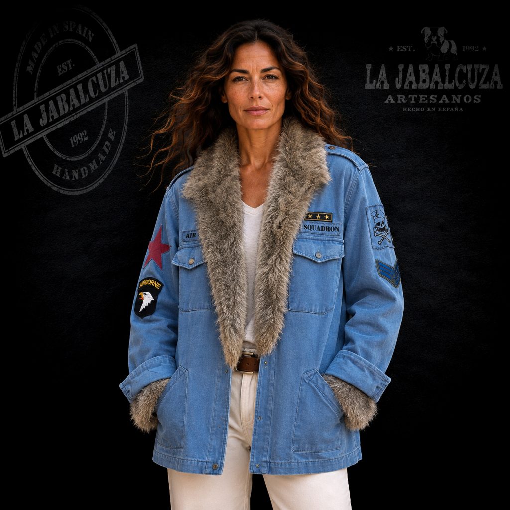 chaqueta aviador mujer con cardigan azul