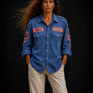 camisa militar mujer azul con naranja
