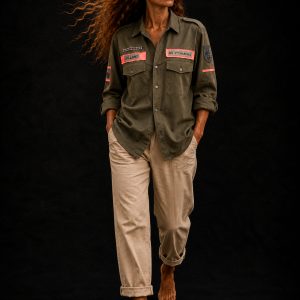 camisa militar mujer verde khaki con naranja