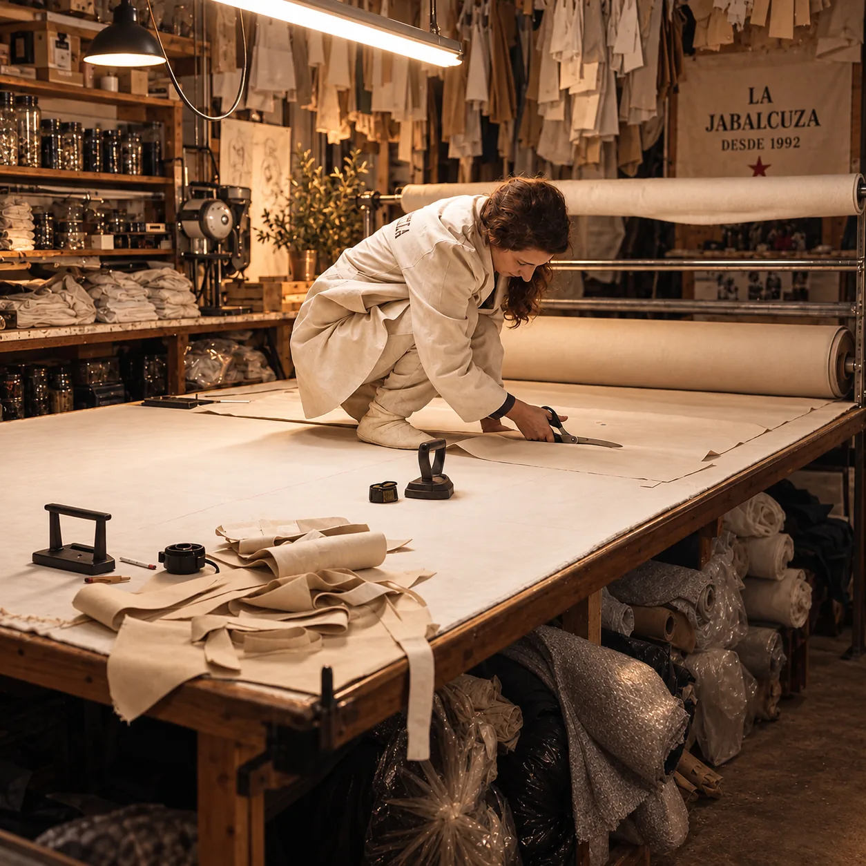 Corte artesanal de tejidos en el taller de La Jabalcuza