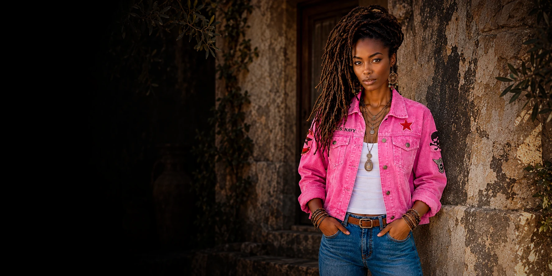 Modelo con chaqueta fucsia artesanal de La Jabalcuza