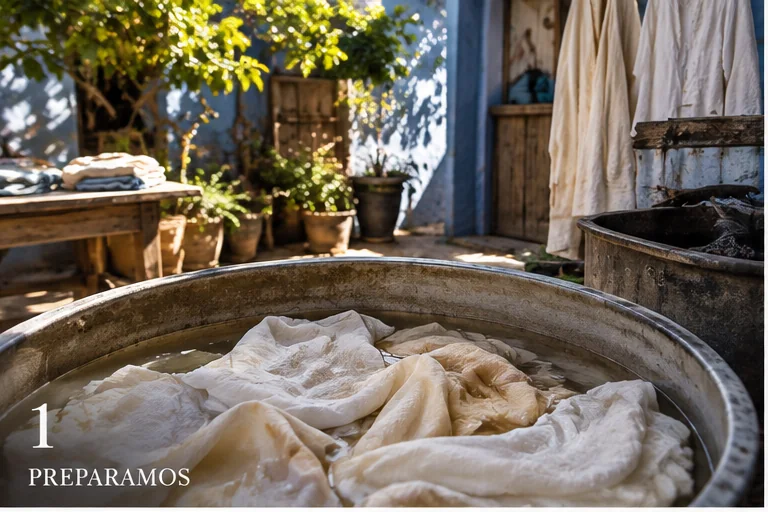 Preparación de prendas para el teñido artesanal en La Jabalcuza